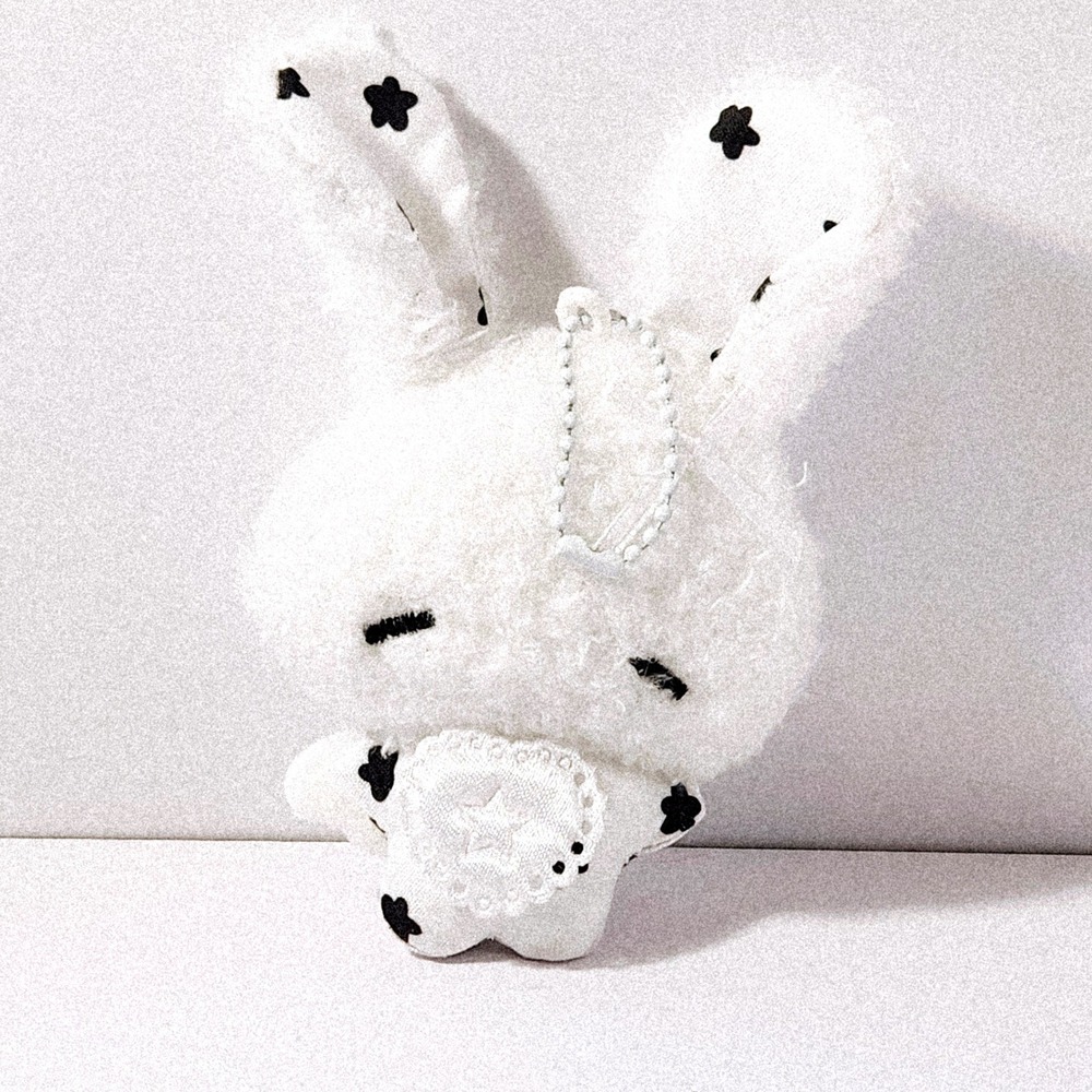 White Fuzzy Bunny Plush Keychain Star Print Angel Wings Lace Heart 5.0"